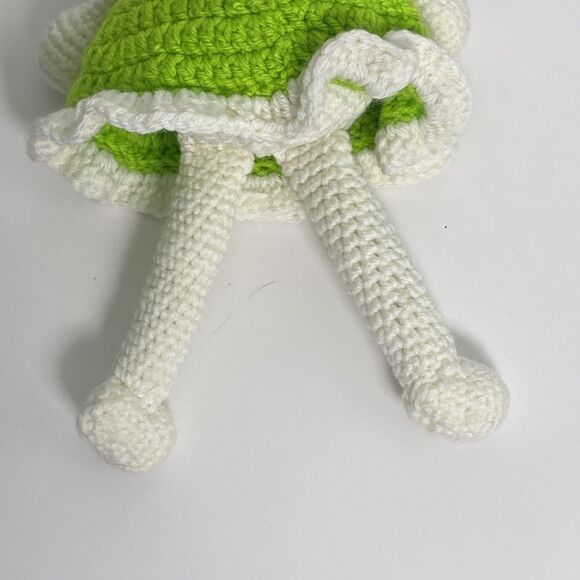 Handmade White Bunny Green Dress Button Eyes Pink Nose Mouth Bow - Picture 8 of 12